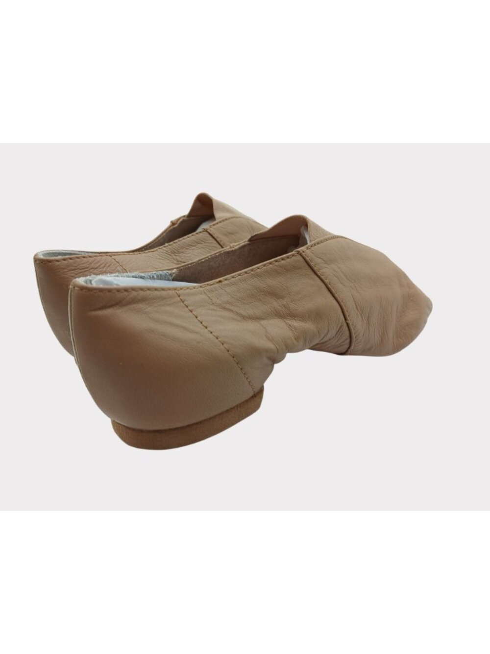 Bloch Tan Split Sole Slip On Jazz Shoe Size 5 Elastic Panel Rubber Sole Heel - Picture 2 of 11